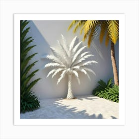 A White, Stylized Palm Tree Stands Out Against A White Wall, Surrounded By Lush Green Tropical Plants Art Print