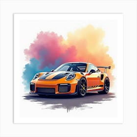 Porsche 911 Gt3 Rs With A Colorful Watercolor Backdrop, No Signature Or Logo 1 Art Print