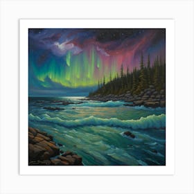 Auroral Whispers: Serene Seascape Under Celestial Ballet. wall art impressionist . AI. Art Print