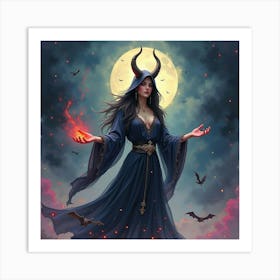 Demon Sorceress Casting Spells In A Dark Watercolor Realm 1 Art Print