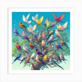 Colorful Birds On A Tree Art Print