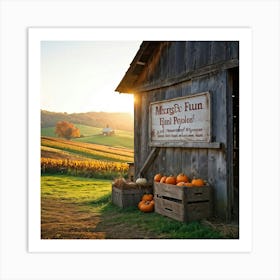 A Rustic Barn With A Weathered Wooden Sign Lean Against It Rolling Hills In The Background Transiti (1) Art Print