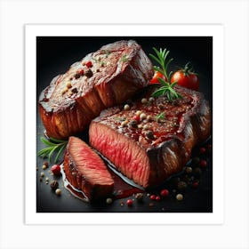 Steak On Black Background Art Print