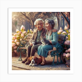 Old Couple Sitting On Park Bench Art Print