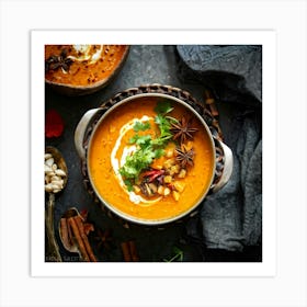 Autumn Pumpkin Curry Soup Simmering In A Traditional Clay Pot Steam Rising Surrounded By An Assort (3) Art Print