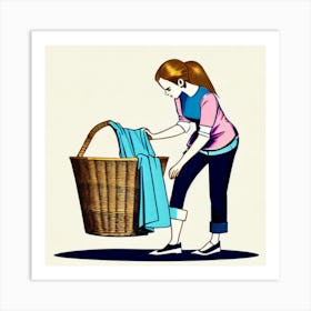 Woman Putting Clothes In A Basket Art Print