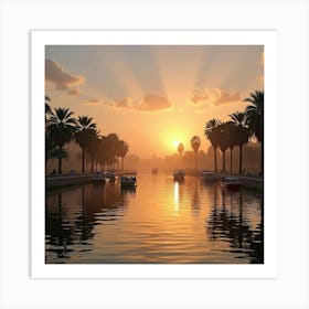 The Nile River At Sunrise With Colorful Boats And Reflections Of Palm Trees Art Print