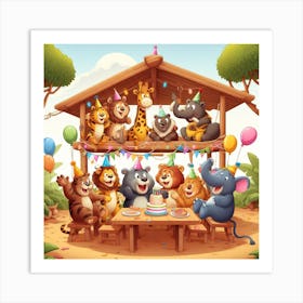 Birthday Party In The Jungle - A group of jungle animals are having a party in a treehouse. The animals are all different shapes and sizes, and they are all wearing funny hats and costumes. The treehouse is decorated with balloons and streamers, and there is a big cake in the middle of the table. The animals are all laughing and having a good time. 3 Art Print