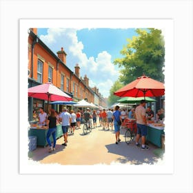 A Vibrant English Street Festival With Food Stalls And Live Music, Watercolor 1 Art Print