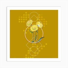 Vintage Helichrysum Flower Branch Botanical with Geometric Line Motif and Dot Pattern Art Print