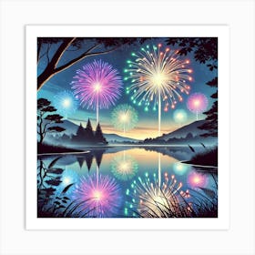 New Year Fireworks Over the Lake Wall Art: A Stunning Scene to Welcome 2025 for Festive and Tranquil Home Decor Print Art Art Print