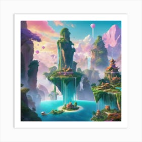 a surreal landscape where reality seamlessly melds with imagination. Envision floating islands suspended in pastel-colored skies, with cascading waterfalls defying gravity and exotic creatures roaming freely. Art Print