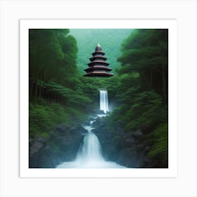 Waterfall And Pagoda Art Print