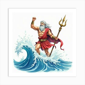 Watercolor Poseidon Ruling The Ocean Waves In Greece 1 Art Print