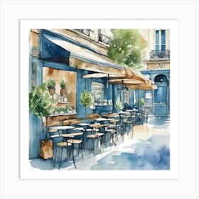 Paris Street Cafe Scene Illustration Sage Blue Watercolour 3 Art Print Art Print