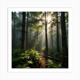 A Misty Morning In A Dense Forest With Rays Of Sunlight Filtering Through The Trees 2 Art Print