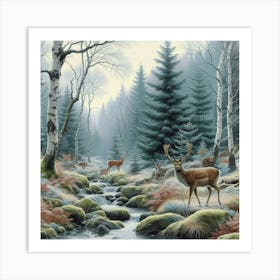 Deer In The Winter Woods, Acrylic Painting Style Art Print