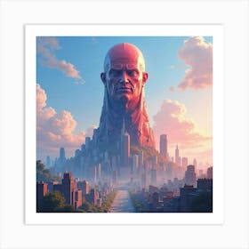 Titan Towering Over A Colorful Watercolor Cityscape 1 Art Print