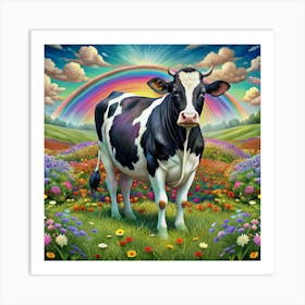 Black And White Cow Standing In A Flower Field With A Rainbow 1 Art Print