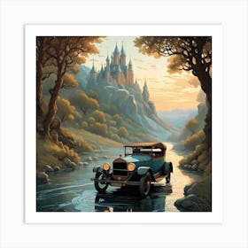 Classic Car In A River Art Print