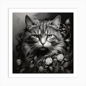 Black Cat With Roses Art Print