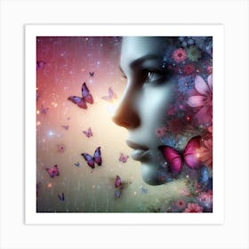 Portrait Of A Woman With Butterflies Art Print
