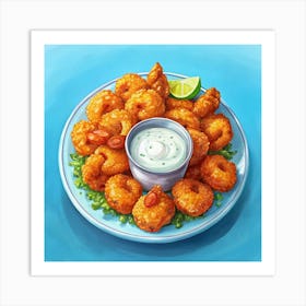 Plate Of Fried Shrimp With Creamy Sauce And Lime Wedge Art Print