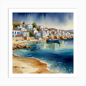 Watercolor Of Crete.Summer on a Greek island. Sea. Sand beach. White houses. Blue roofs. The beauty of the place. Watercolor. Art Print