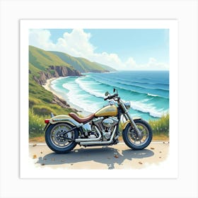 Chopper Bike On A Scenic Coastal Road With Crashing Waves Watercolor 1 Art Print