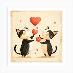 Charming Cartoon Cats Exchange Heart Art Print