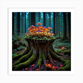 Mystic Fungi Festival Mushrooms On A Tree Stump Art Print