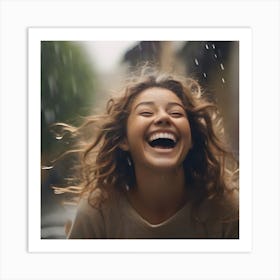 Happy Girl In Rain Art Print