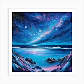 Sea Stars Night Nature Ocean Sky Space Galaxy Night Sky Universe Cosmos Astronomy Moon Digital Art Blue Art Print