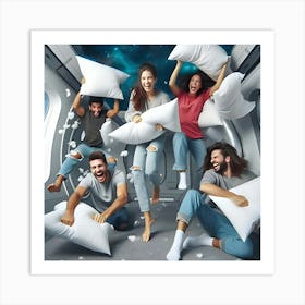 A Group Of Friends Having A Pillow Fight In Zero Gravity, Floating Around The Room And Laughing Hysterically 2 Art Print