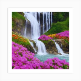 Waterfall With Flowers 2 Art Print