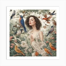 Woman Surrounded By Birds Art Print