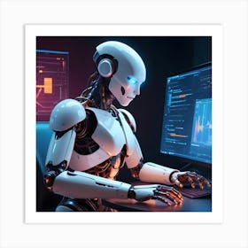 A White Robot With Blue Eyes Sitting At A Computer Desk, Typing On A Keyboard Art Print