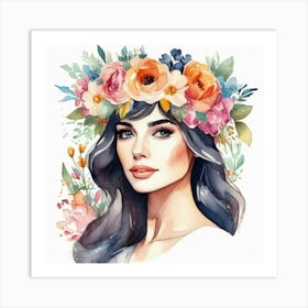 Watercolor Of A Woman With Flowers 3 Art Print