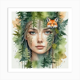 Fox And Girl In The Forest 1 Art Print