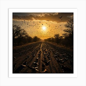 The Silent Flight of Birds at Dusk, with Shadows Stretched Across the Earth in the Golden Light Art Print