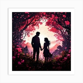 Love At First Sight, Silhouettes Of Two People Hugging Surrounded By Elements Of Nature Flowers Trees Growing , Silhouette Of Couple In The Forest Art Print