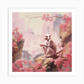 Macaque Pink Jungle Animal Portrait Art Print