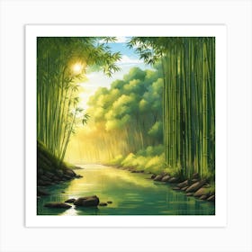 A Stream In A Bamboo Forest At Sun Rise Square Composition 50 Art Print