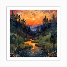 Sunset In The Mountains, Tiny Dots, Pointillism Art Print
