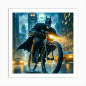 Batman riding cycle in Gotham city Art Print