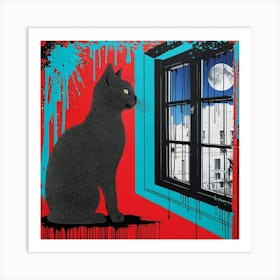 Black cat moon Art Print