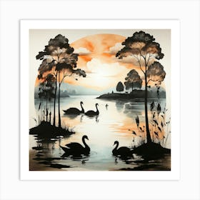 Boho art Silhouette of Lake and swans Art Print