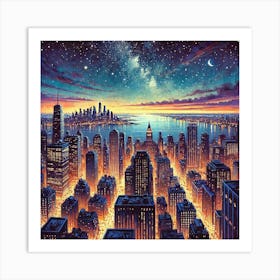 Guache Night Sky From The Perspective Of A High Rise Building Overlooking The City Skyline.AI Art Print