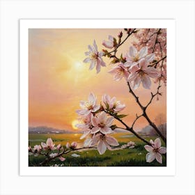 Beneath the Orange Sun Cherry Blossoms At Sunset Art Print