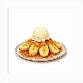 A Delicate Watercolor Portrait Of A Classic Banana Foster With Caramelized Bananas And Vanilla Ice Cream Art Print